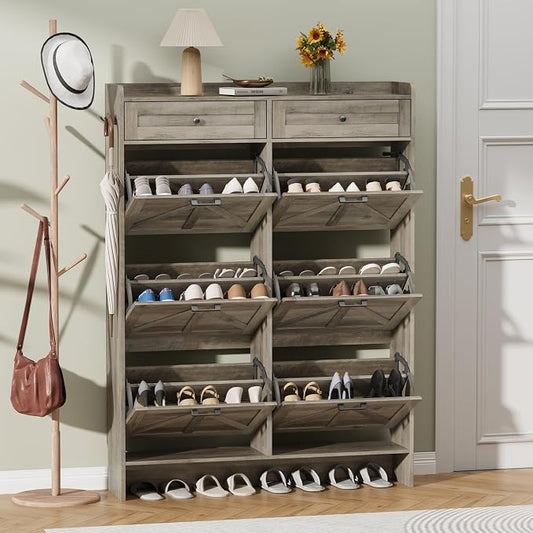 Thacuok Shoe Cabinet with 6 Flip Drawers & 2 Storage Drawers, Rustic Farmhouse Narrow Shoe Organizer Cabinet, Slim Shoe Rack Cabinet, Shoe Storage Cabinet for Entryway, Hallway, Front Door