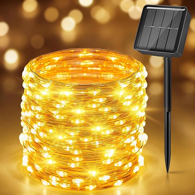 Minetom Solar Fairy Lights,33Ft 100 LED Solar String Lights Outdoor, IP65 Waterproof Patio Lights with 8 Modes for Tree Patio Christmas Party Wedding Decor (Warm White)