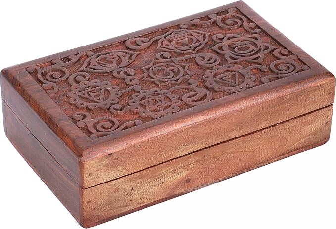 Ajuny Decorative Wooden Jewelry Box Keepsake 8 Inch - 7 Chakra Carving Box for Jewelry, Coins, Tarot Cards, Small Treasures Chest Travel Organizer