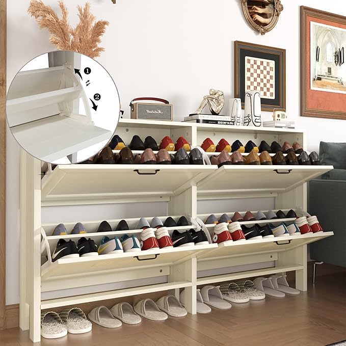 LOUVIXA Shoe Cabinet with 4 Flip Drawers, Narrow Shoe Storage Cabinet, Freestanding Shoe Cabinet Organizer, Hidden Shoe Rack Cabinet for Entryway, Hallway (4-Drawers, Off White/4-drawers)