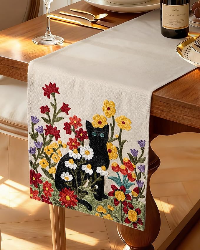 Canvas Embroidered Table Runner - 13"x 72" Coffee Table Runner for Living Room Tablerunner for Dining Room Washable Farmhouse Kitchen Island Counter Decor Housewarming Gift, Cat in Flower