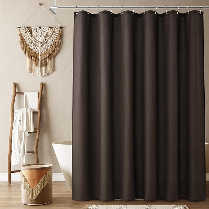 Naturoom Chocolate Brown Linen Shower Curtain, Country Boho Farmhouse Bath Decor Shower Curtains Neutral Cloth Weighted Textured Fabric Bath Curtain Liner with Hooks, 72x78