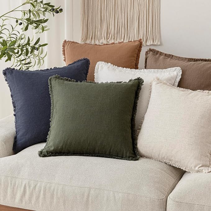 Foindtower Set of 2 Decorative Linen Fringe Lumbar Throw Pillow Covers Boho Farmhouse Cushion Cover with Tassels Accent Pillowcase for Couch Sofa Bed Living Room Home Decor,12×20 Inch,Dark Olive Green
