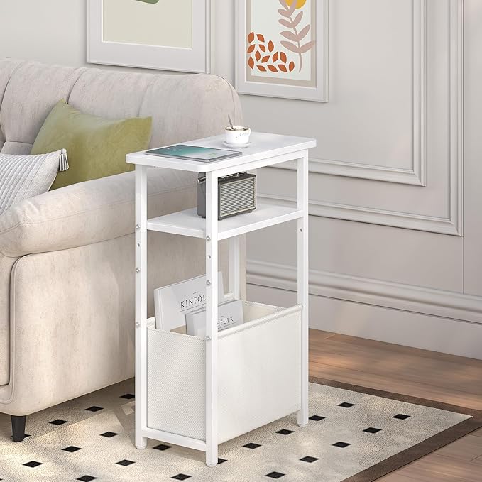 sthmec Narrow Side Table Set of 2, Skinny End Tables with Fabric Basket, Small Side Tables for Small Space,2-Tier Open Shelves with Basket, Slim Nightstands Set 2 for Bedroom,Livinroom,Office,White