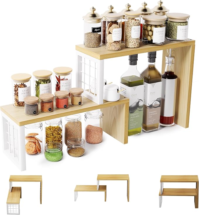 Kitchen Countertop Organizer, 2 Tier Spice Rack, Adjustable Cabinet Organizer Shelf, Corner Counter Shelf for Kitchen, Pantry, Coffee Station, Stackable, Expandable, Beige