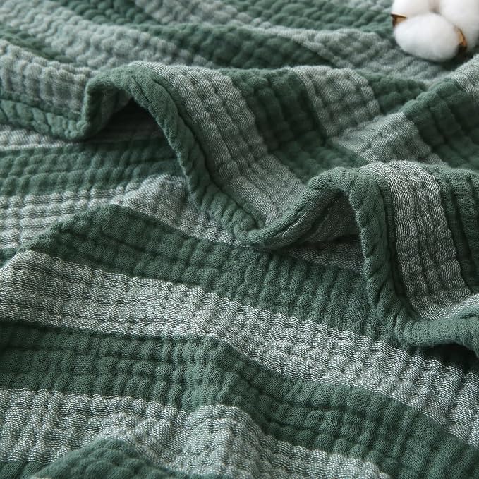 EMME Cotton Muslin Twin XL Blanket Breathable Gauze Soft Lightweight Adults Gifts for Women (Striped Forest Green, 66"x90")