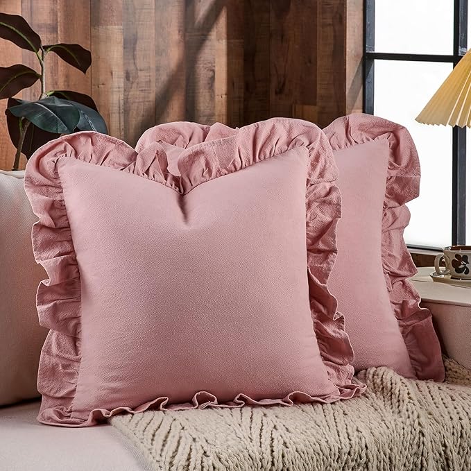 AmHoo Pack of 2 Throw Pillow Covers 100% Cotton Pre Washed Ruffle Decorative Pillowcase Cushion for Couch Sofa Bedroom 24 x 24-Inch Bridal Rose