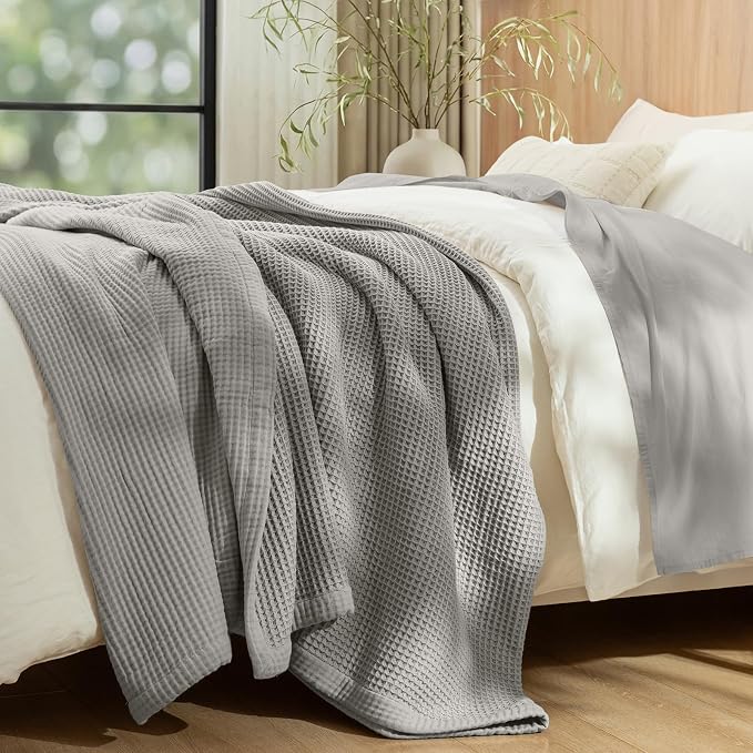 PHF 100% Cotton Waffle & Muslin Blanket King Size, Soft Breathable Luxury 400GSM Versatile Reversible Bedding for Bed, Great for Layering in Cold Weather, Home Decor Gift, 104" x 90", Frosted Grey