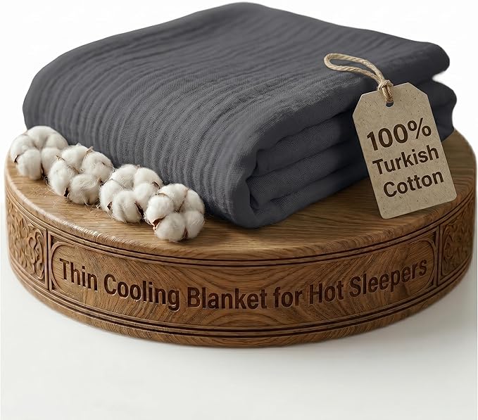 Goqan Muslin Blanket Queen 79x90 – 100% Turkish Cotton 4 Layer Boho Muslin Blanket for Adults, Four Season, Lightweight and Thin, Soft, Breathable for Bed - Dark Grey