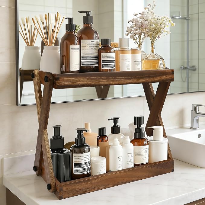 Wood Countertop Organizer, 2 Tier Wooden Shelf for Coffee Bar Accessories, Kitchen Spice Rack Organizer, Condiment Storage Caddy for Home, Office, Bathroom