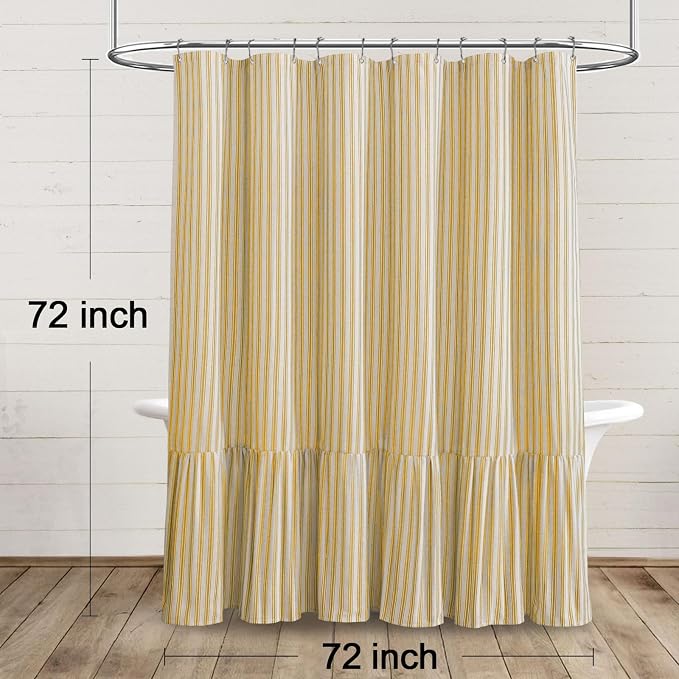 Farmhouse Shower Curtain with Ruffle Hem Linen Shower Curtains for Bathroom Country Vintage Rustic Natural Fabric, Cream-Yellow Stripe 72" W x 72" L
