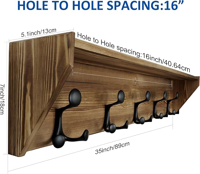 WEBI Wall Shelf with Hooks Underneath,35" Long Wall Mounted Coat Rack with Shelf,Entryway Coat Rack with 5 Triple Hooks for Hanging Coats,Jacket,Hallway,Bedroom,Mudroom,Brown
