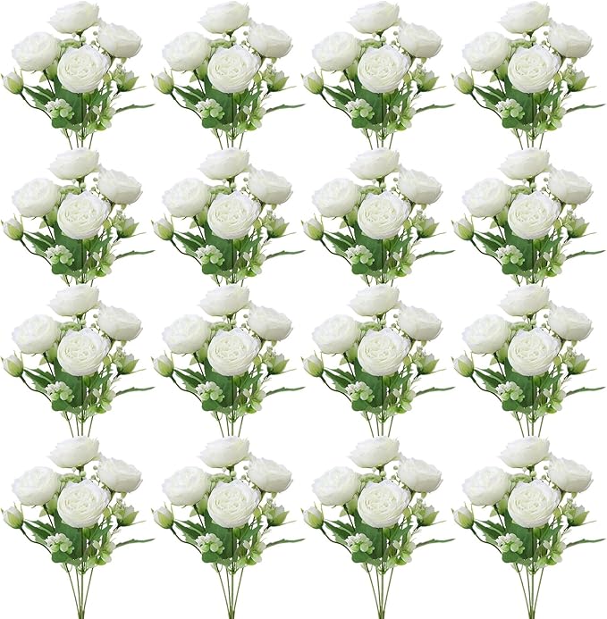 16 Pack White Peonies Artificial Flowers, Fake Silk Hydrangea Bouquet for Bridal Wedding Home Table Decor Reusable Dining Opening Ceremony Birthday Arrangement Faux Floral