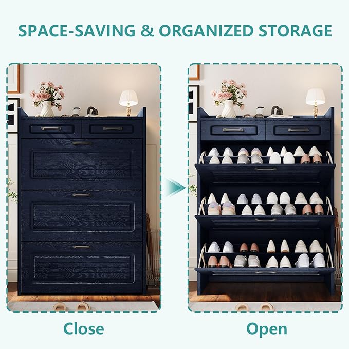 Shoe Cabinet with 3 Large Flip Drawers and 2 Storage Drawers, Narrow Shoe Organizer Cabinet Fits for Kinds of Shoes, Hidden Shoe Storage Cabinet for Entryway, Hallway, Blue