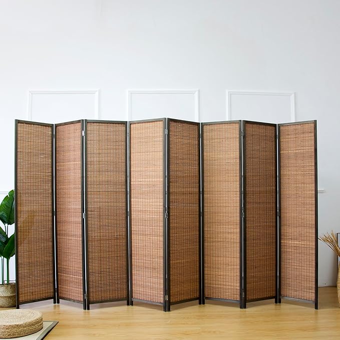Furnnylane 8 Panel Bamboo Room Divider - Natural Brown 5.6 ft Tall Folding Privacy Screen, Freestanding Partition Wall for Room Separation (67" H x 122.8" W)