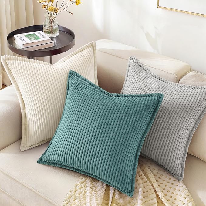 decorUhome Summer Corduroy Turquoise Euro Sham Throw Pillow Covers 22x22 Set of 2 Decorative Soft Boho Farmhouse Couch Pillow Covers for Living Room Bed Sofa Broadside Striped Pillow Cases