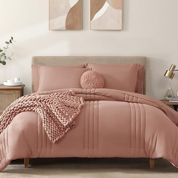 Monbix King Size Comforter Set - 7 Pieces Bed in a Bag King, Clay Pink Bedding Sets with Comforter, All Seasons Comforter Bed Set with Sheets, Pillowcases & Shams
