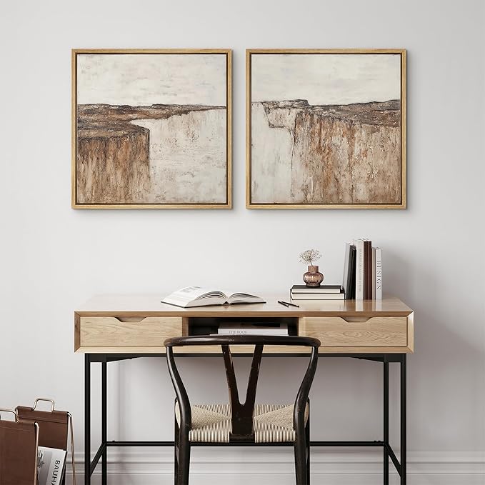 SIGNFORD Framed Canvas Print Wall Art Set Minimalist Abstract Canyon Cliff Neutral Earth Tone Landscape Modern Art Relax/Calm for Living Room, Bedroom, Office - 16"x16"x2 NATURAL