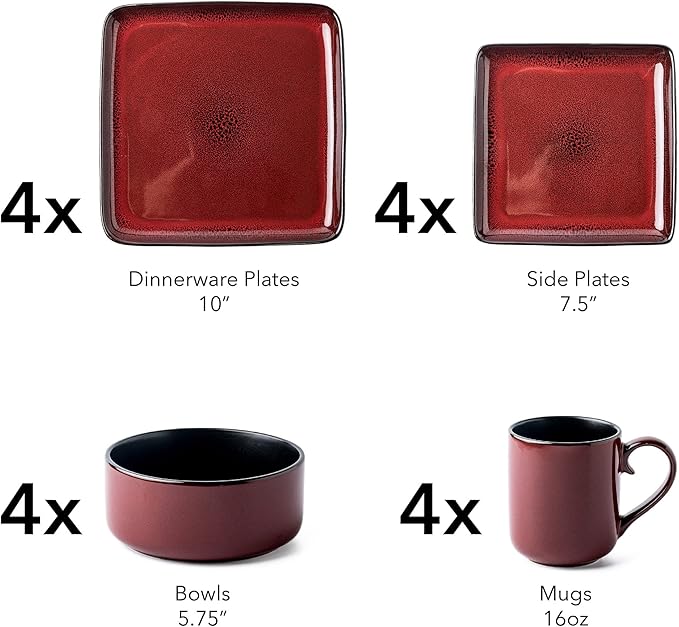 Arora FLACKAR Square Stoneware 16pc Dinnerware Set for 4, Dinner Plates, Side Plates, Cereal Bowls, Mugs - Reactive Glaze Red (485450)