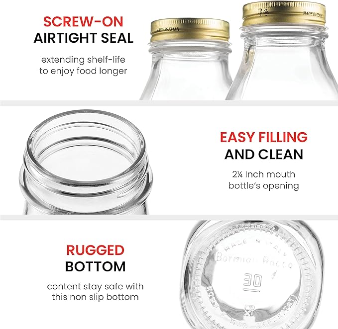 Bormioli Rocco Quattro Stagioni Bottles - 33.75 Oz Glass Jars with Airtight Twist Lids for Pantry Storage, Homemade Gifts, Seasonal Décor, Beverage Serving & Canning - Made in Italy (Set of 2)