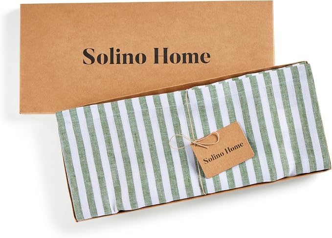 Solino Home Linen Table Runner 72 Inches Long - Amalfi Stripe, 100% Pure Linen Green and White Table Runner 14 x 72 Inch for Dining, Dresser, Summer
