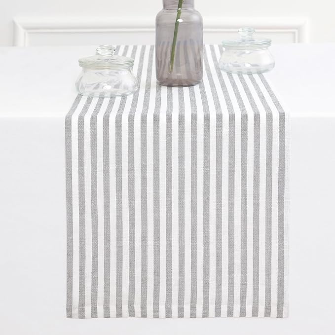 Solino Home Table Runner 108 Inches Long - Amalfi Stripe, 100% Pure Linen Grey and White Table Runner 14 x 108 Inch for Dining, Summer