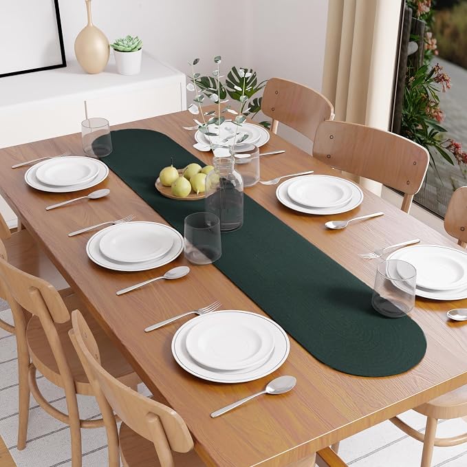 Encasa XO Dining Table Runner | Handmade Ribbed Style Cotton | 12x54 in | Dark Green | for Coffee & Center Table