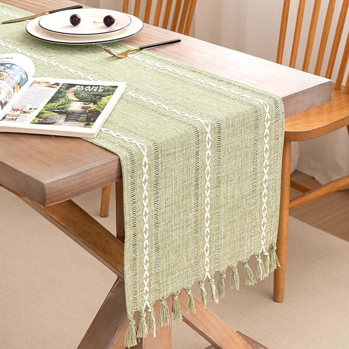 Table Runner, Rustic Farmhouse Linen Waterproof Table Runners for Holiday Party, Dresser Decor and Dining Room Decorations-Sage Green-14"x108", 8-10 Seats