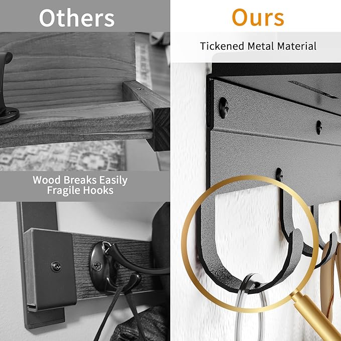 Bethom Wall Shelf with Hooks, Metal Coat Rack Wall Mounted with 5 Hooks, 17 Inch Clothes Hooks Entryway Coat Hangers Storage Clothes, Bags, Purse, Keys for Living Room, Bedroom, Black