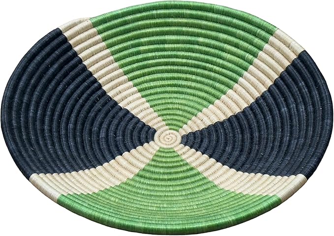 Handwoven African Sisal Basket Bowl Handmade Woven Fruit Bowl, Decorative Wall Basket for Home Décor, Living Room Centerpiece Gifts Zen Design Arts and Crafts (Light Green Black Cream, 12in diameter)