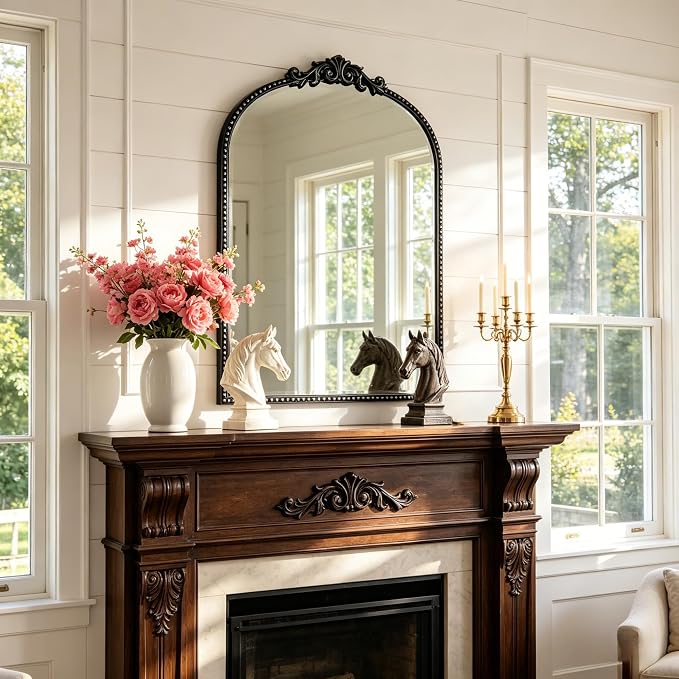ZIYOO Vintage Baroque Arched Wall Mirror 36"x24", Black Ornate Antique French Traditional Decor Mirror for Entryway Living Room Fireplace (Black Metal,36" x 24")