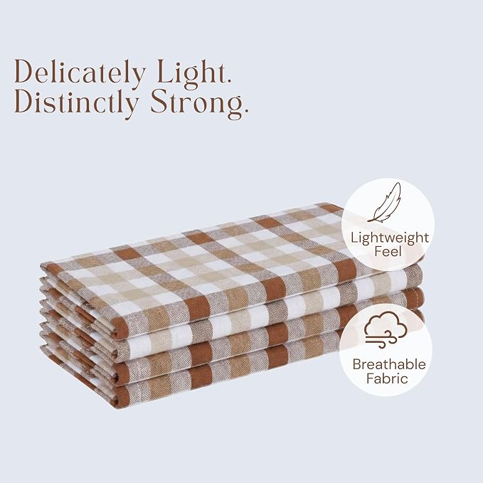 Gingham Check Napkins 4 Pack, 18x18 Inches, Reusable Table Linens, Washable Cloth Dinner Napkins for Rustic Dining, Celebrations, Stylish and Functional - Brown, White, Beige