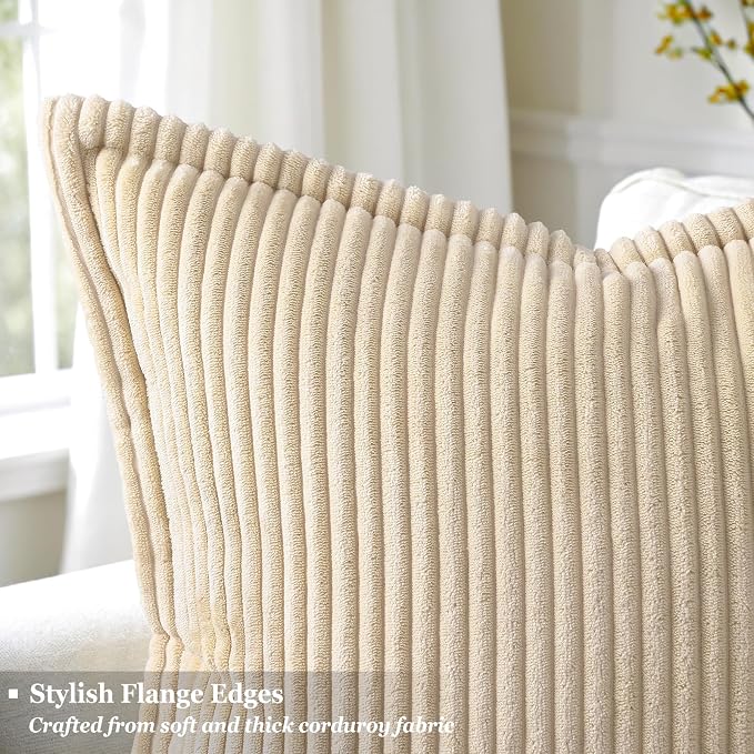 decorUhome Summer Corduroy Beige Euro Sham Throw Pillow Covers 24x24 Set of 2 Decorative Soft Boho Farmhouse Couch Pillow Covers for Living Room Bed Sofa Broadside Striped Pillow Cases