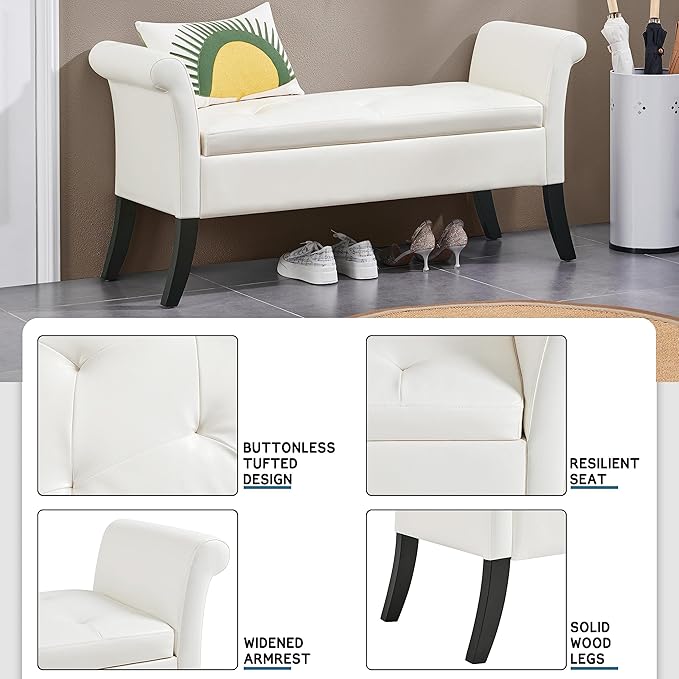 Yaheetech Storage Bench for Entryway Leather Window Bench with Rolled Arms for Bedroom Entryway Window Seat, White