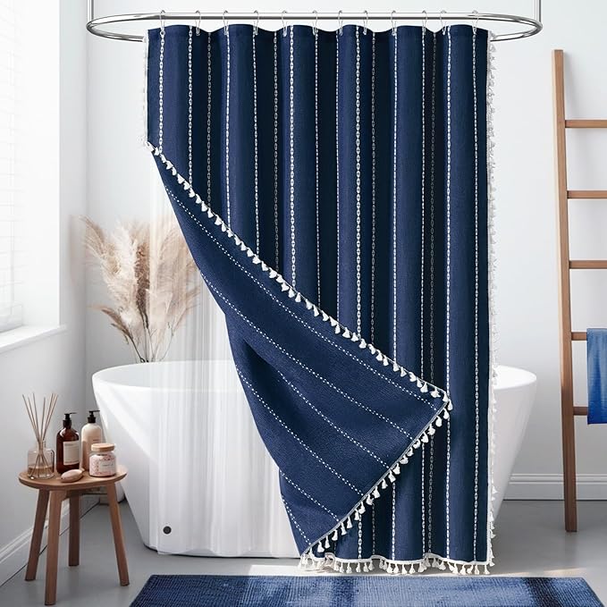 BTTN 3 in 1 Shower Curtain with Liner, 84 Extra Long Boho Linen Striped Cloth Shower Curtain Set with Hook, Tall Farmhouse Bohemian Waterproof Fabric Shower Curtain for Bathroom, Navy Blue, 72x84