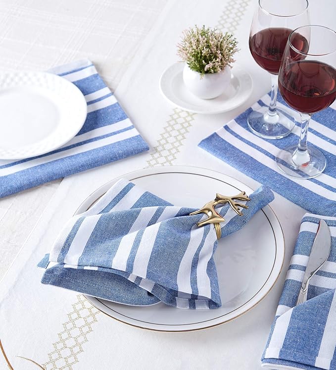 Encasa XO Cotton Cloth Napkins Set of 12, 17"x17" | Washable & Reusable Dinner Napkins Franca Blue Stripes Table Napkins for Farmhouse, Wedding, Holiday, Party & Everyday Dining