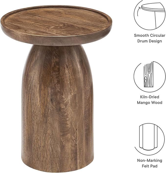 Modway Holloway Solid Mango Wood Side End Table in Walnut – Contemporary Wooden Accent Table for Living Room – Small Round Plant Stand or Pedestal Drink Table