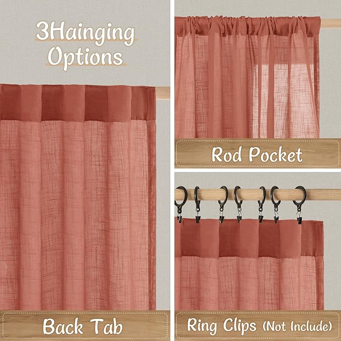LAMIT 90 Inch Long Sheer Linen Curtains 2 Panels for Living Room, Light Filtering Rustic Boho Panels Back Tab and Rod Pocket Fall Decor Drapes for Bedroom/Farmhouse, Terracotta, 52 x 90 Inch