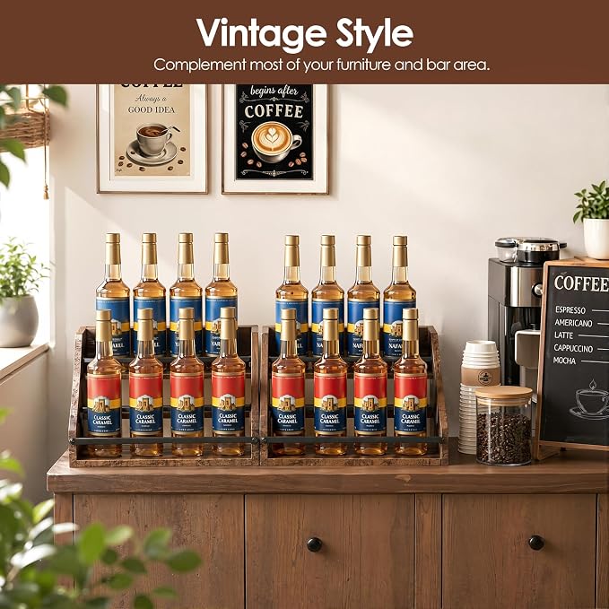 Nuovoware Coffee Syrup Rack, 3-Tier Syrup Bottle Organizer with Side Handles, 15 Bottles Capacity for Coffee Syrup, Countertop Storage Holder with Iron Frame and Wooden Base, Dark Wood Grain