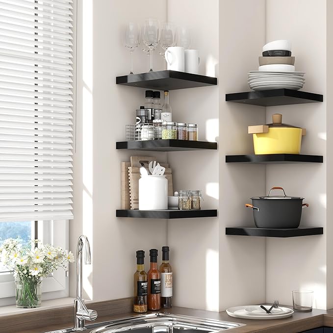 Square Floating Shelves for Wall 8"W x 8"D x 1.2"H, Small Engineered Wood Wall Shelves with Invisible Brackets for Living Room Bedroom Bathroom Office Kitchen Storage & Decor, Black Finish, Set of 3