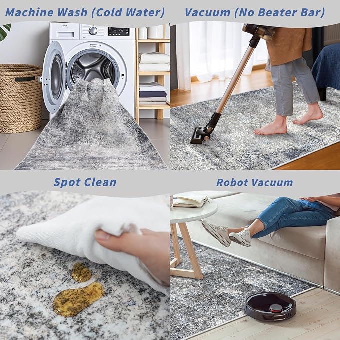 7x10 Rug for Living Room Washable – Non-Slip Soft Carpet for Bedroom Dining Room,Modern Neutral Abstract Low Pile Stain-Resistant Area Rug(Blue Grey,7x10)