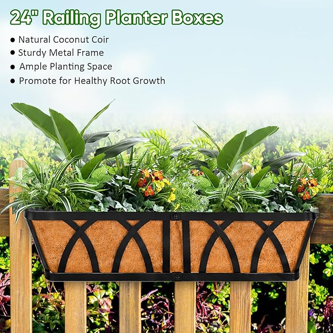 LCHUANG Deck Railing Planter Window Box - 3 Pack 24 Inch Deck Balcony Rail Planter with Coconut Coir Liner, Fence Metal Hanging Flower Planter Basket Deck Railing Planter Boxes for Outdoor Lawn