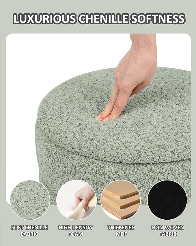PINPLUS Chenille Folding Ottoman Footstool, Round Storage Ottoman, Soft Fabric, 330 lbs Load Capacity, Large Ottoman for Living Room, Bedroom, Dorm, Green Colors