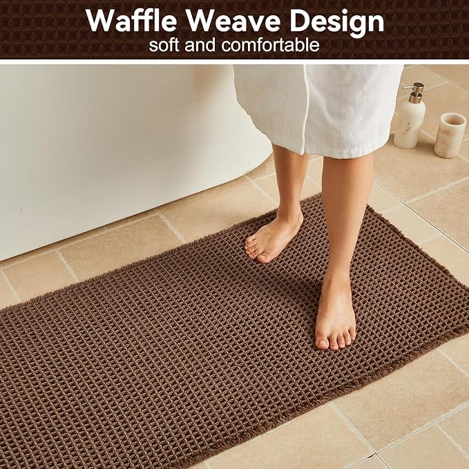 Triohero Waffle Bath Mat, Boho Bathroom Rugs Non Slip Washable, Ultra Soft Super Absorbent Quick Dry Farmhouse Bathroom Decor, 24" x 36", Mocha