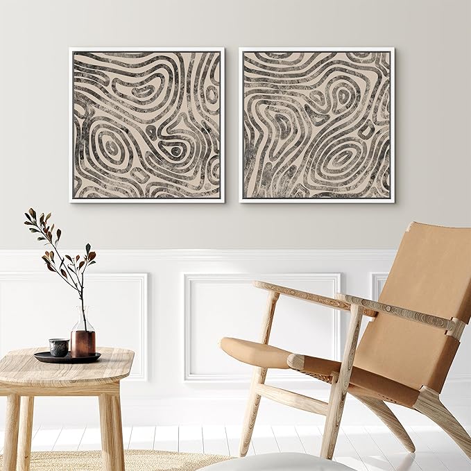 SIGNFORD Framed Canvas Print Wall Art Set Organic Swirl Pattern Duo Modern Black and Gray Abstract Illustrations Modern Art Minimal Relax/Calm for Living Room, Bedroom, Office - 16"x16"x2 White