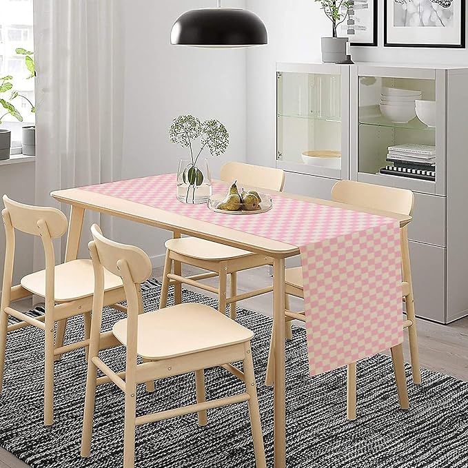 70s Hippie Table Runner Groovy Pink Grid Square Modern Geometric Boho Dinner Runner for Living Room Kitchen Party Holiday Dinner Home Decor Autumn and Winter 13x108in