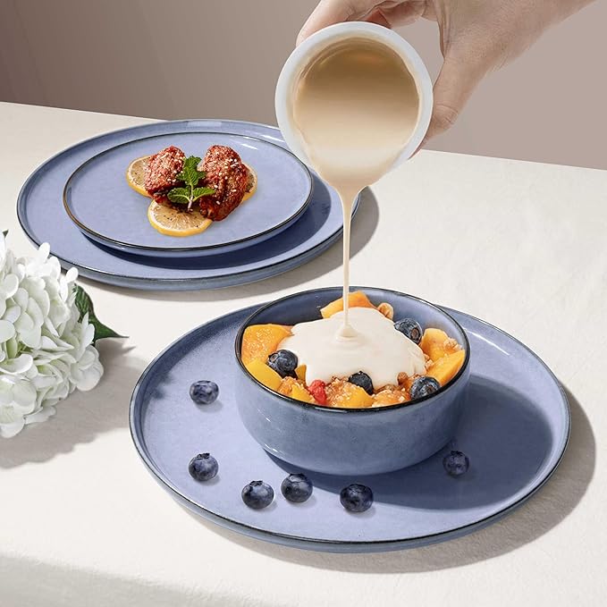 Herogo Stoneware Dinnerware Sets with Salad Bowls, Dinner Plates and Bowls Sets for 4, 16 Piece Dishware Place Setting for Kitchen, Chip & Scratch Resistant Dishware, Haze Blue