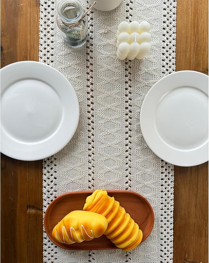 Macrame Table Runner Cream Beige Boho Table Runners with Tassels 90 Inches Long, Rustic Farmhouse Table Runners for Bohemian Kitchen Dining Table(12x90in, Fringe Included)