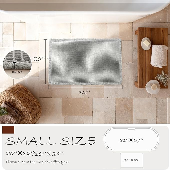 DWCN Grey Waffle Bathroom Mat, Boho Bath Rugs Super Absorbent Non Slip Bath Mats for Bathroom Floor, Ultra Soft Farmhouse Shower Mats for Tub and Shower, 20 x 32 Inch