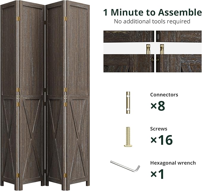 Cozy Castle 4 Panel Folding Room Divider, Solid Wood Privacy Screen, Freestanding Partition Wall, Temporary Wall for Home/Office/Bedroom/Restaurant, Rustic Brown